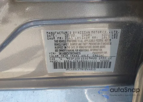 2022 Nissan Sentra Sv Xtronic Cvt from USA, damaged, VIN 3N1AB8CV7NY244815